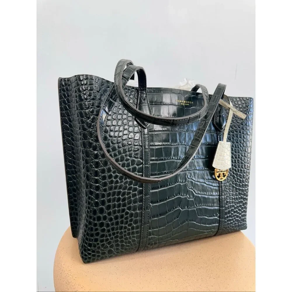 Tory Burch Perry Deep Kelp Green Embossed Triple Compartment Tote Bag